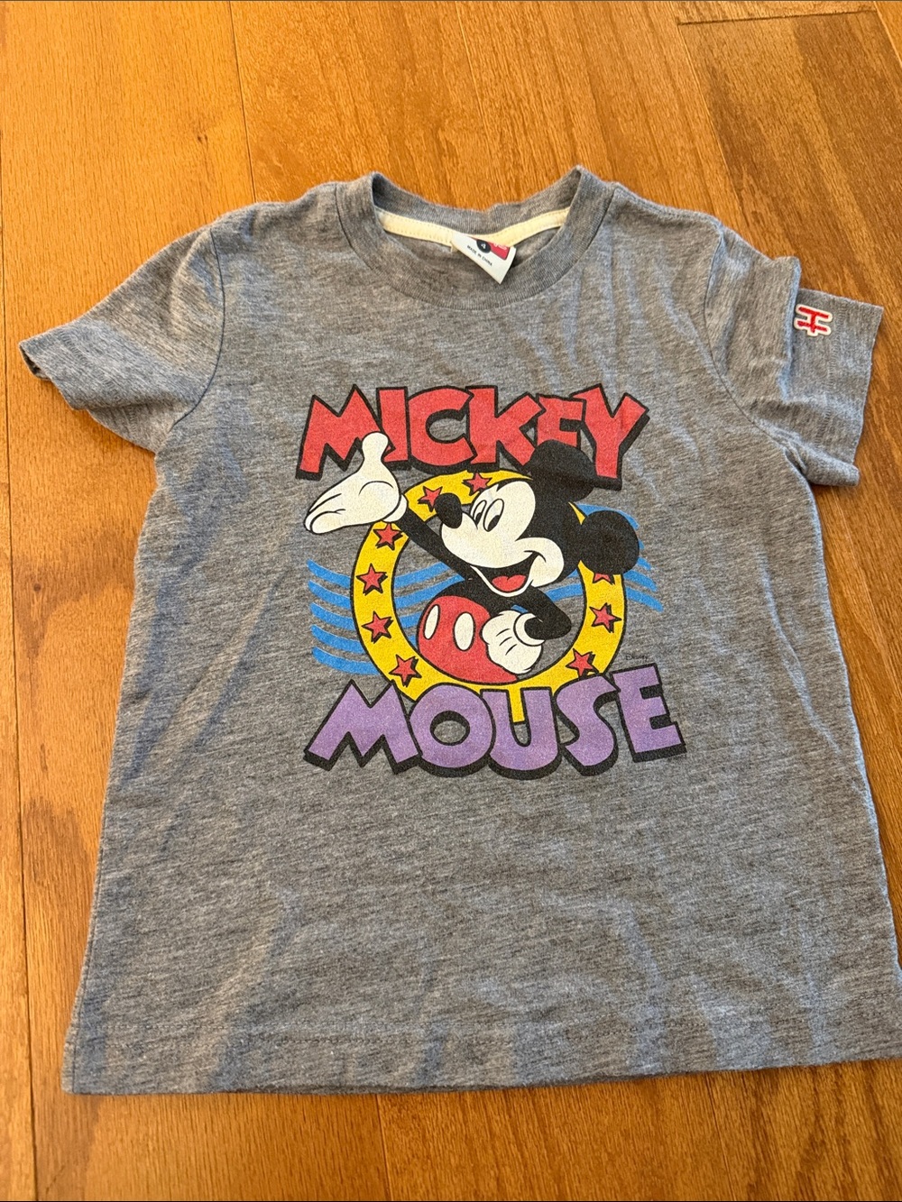 HOMAGE Gray Mickey Mouse Graphic Tee with Red Yellow Blue Purple Accents
